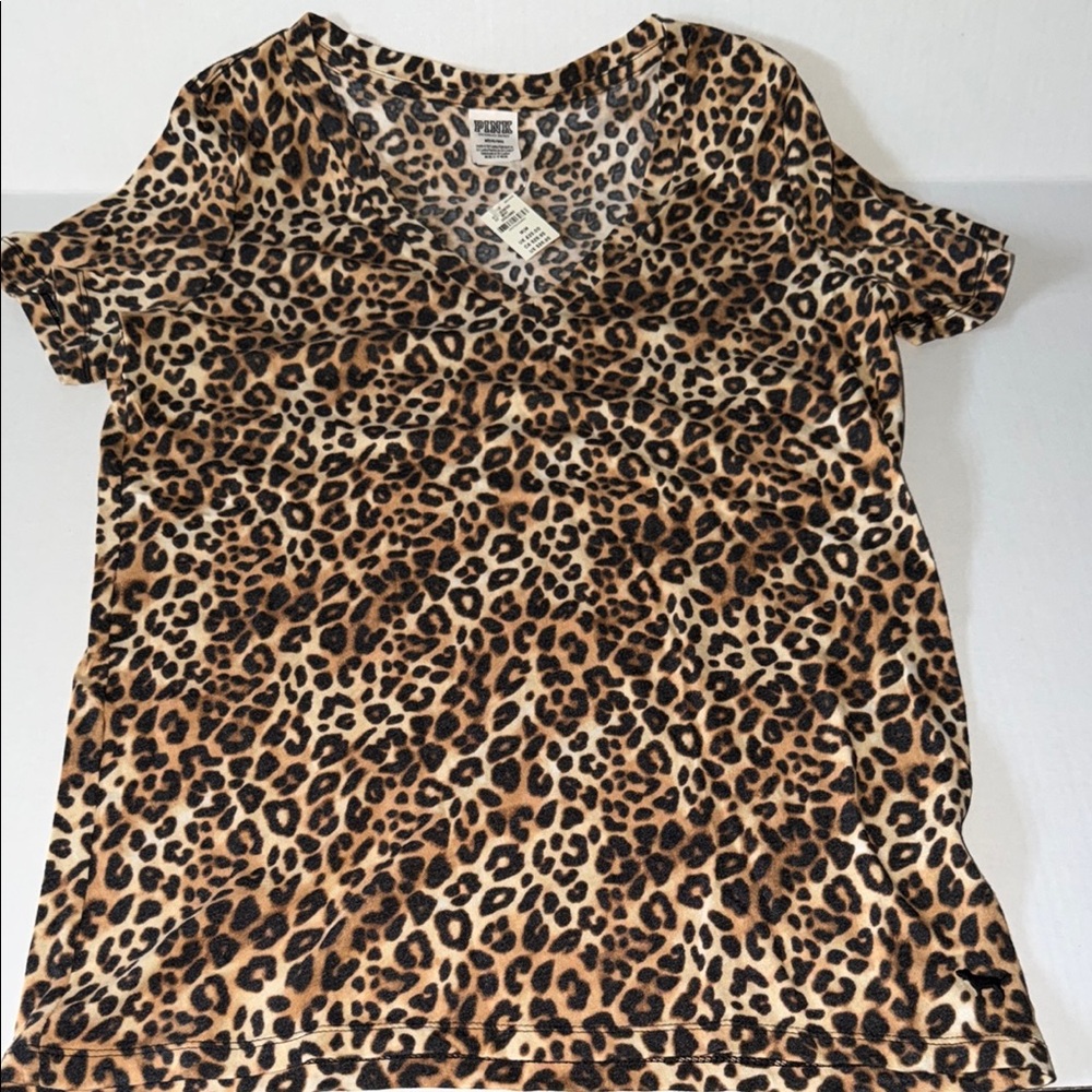 PINK Victoria's Secret Leopard Print V‑Neck Short Sleeve Tee - Brown/Black